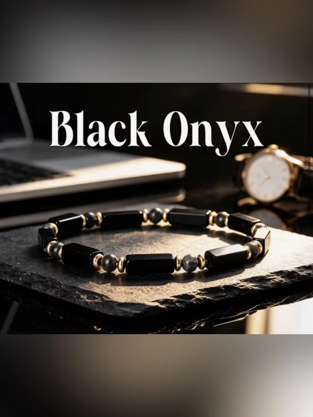 Black Onyx Beaded Bracelet with Gold Accents - Unisex - New